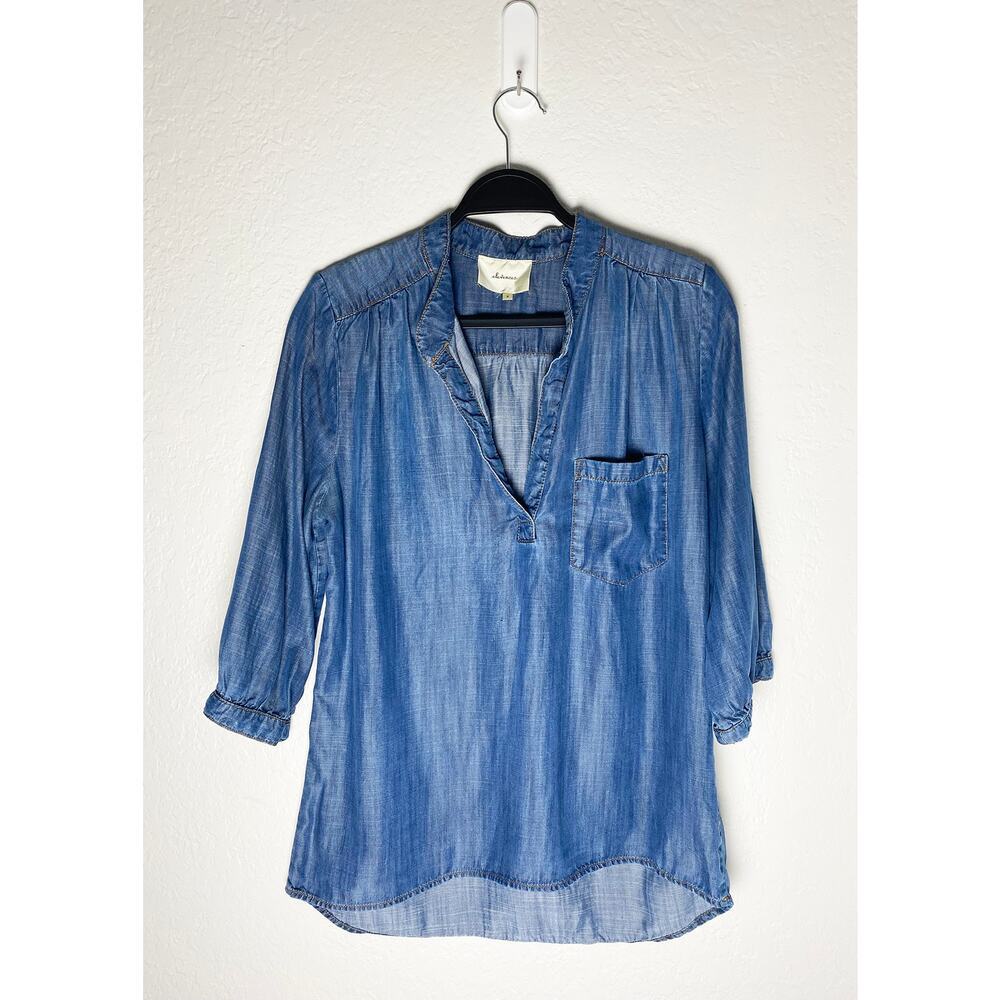 Elevenses X Anthropologie Women's Wagner Chambray Denim 3/4 Sleeve Pocket Shirt